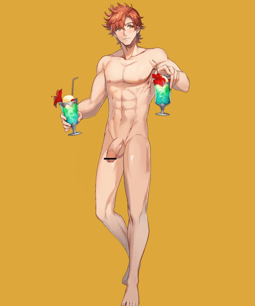 1boy abs bare_legs censored circumcised codename_(user_mkxe3283) codename_edit completely_nude drink edit fire_emblem fire_emblem:_three_houses fire_emblem_heroes glass legs looking_at_viewer male male_only muscular muscular_male nintendo nude nude_filter nude_male orange_hair penis smile solo sylvain_jose_gautier sylvain_jose_gautier_(summer) yellow_background yellow_eyes