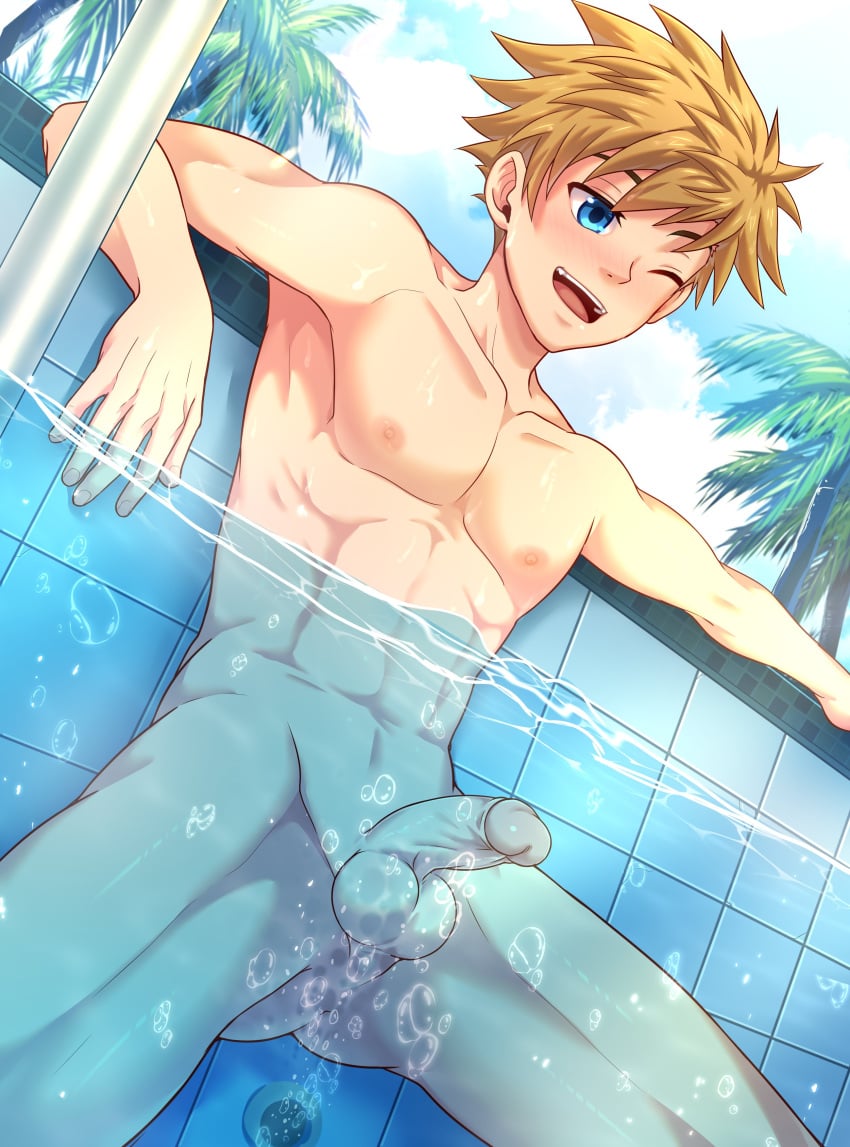 1boy absurdres blonde_hair blue_eyes blue_sky bubble completely_nude connor_bleufin cowboy_shot dutch_angle highres in_water light_smile male_focus mikkoukun nipples nude one_eye_closed original outdoors palm_tree partially_submerged partially_underwater_shot penis pool sky solo solo_male teeth testicles tree underwater upper_teeth_only water