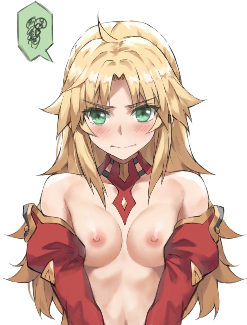 1girls annoyed blonde_hair blush breasts detached_sleeves fate/grand_order fate_(series) green_eyes mordred_(fate) pouty solo solo_focus tonee white_background