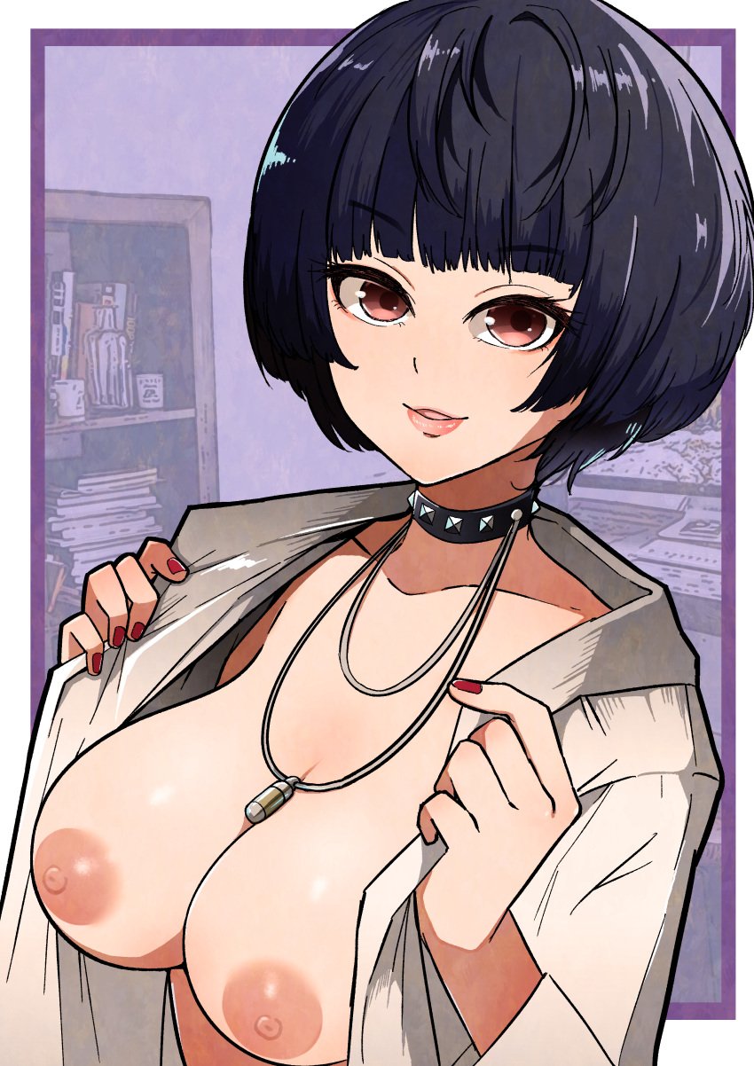 1girls areola areolae atlus background blue_hair bookshelf breasts breasts_out coat doctor female female_only flashing flashing_breasts goth goth_girl looking_at_viewer mature mature_female necklace nipples osusowake painted_nails persona persona_5 sega shin_megami_tensei short_hair smile solo tae_takemi