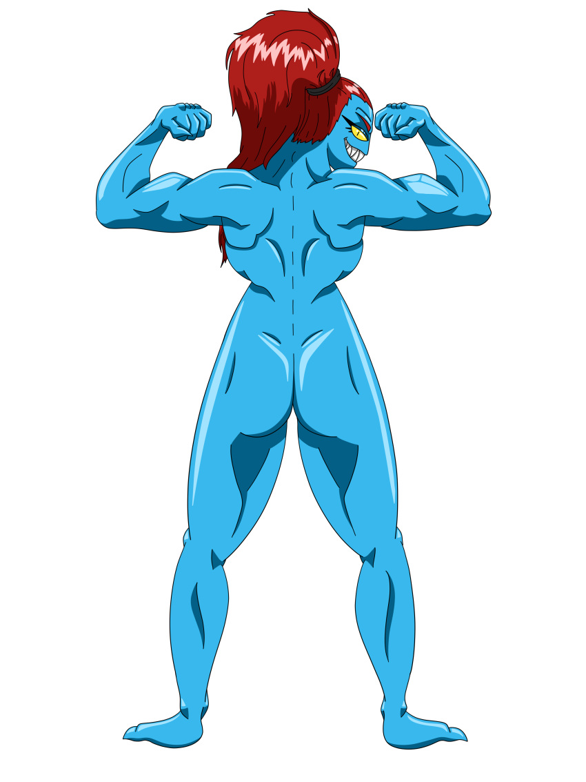 ass back back_muscles back_view biceps blue_skin completely_naked completely_naked_female completely_nude completely_nude_female flexing flexing_arm flexing_arms flexing_bicep flexing_biceps flexing_both_biceps flexing_muscles muscle muscles muscular muscular_arms muscular_ass muscular_back muscular_butt muscular_female muscular_nudity naked naked_female nude nude_female ponytail red_hair skrunkman toby_fox undertale undertale_(series) undyne yellow_eyes