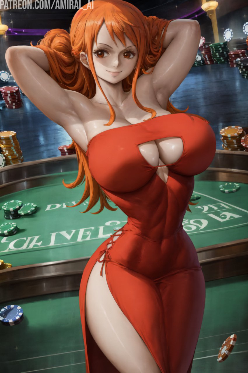 1girls 2d ai_generated amiral_ai armpits arms_up background big_breasts breasts casino cleavage clothed clothed_female clothing cutesexyrobutts_(style) cutesexyrobutts_ai_artstyle_imitation dress eyes female female_only front_view fully_clothed hair hands_behind_head hayppy indoors large_breasts light-skinned_female light_skin long_hair long_sleeves nami nami_(one_piece) naughty_face one_piece open_eyes orange_hair poker poker_chip poker_table post-timeskip post_timeskip presenting_armpit red_clothing red_dress red_hair skinny slim_waist smile stable_diffusion standing tight_clothing