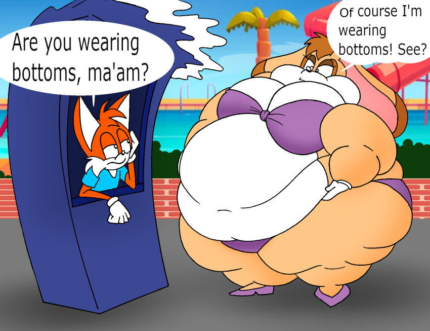 1boy 1girls anthro ass belly bikini bikini_top breasts brown_hair bunny canine canine_humanoid cleavage english_text fat female female_focus fox furry hips holding_belly lagomorph lagomorph_humanoid large_ass large_belly large_breasts male milf mother orange_fur orange_hair overweight overweight_female rabbit robot001 sega sonic_(series) sonic_the_hedgehog_(series) stomach tails tan_fur text thick_thighs thighs vanilla_the_rabbit wardrobe_malfunction wide_hips