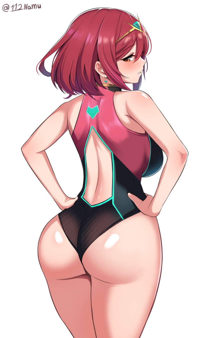 1girls alternate_costume big_breasts big_butt breasts busty butt earrings fat_ass female female_only hands_on_hips large_breasts legs looking_at_viewer looking_back medium_hair namu_(112namu) nintendo official_alternate_costume one-piece_swimsuit parted_lips pose posing pyra red_eyes red_hair seductive seductive_look sensual sideboob solo swimsuit thick_thighs thighs xenoblade_(series) xenoblade_chronicles_2