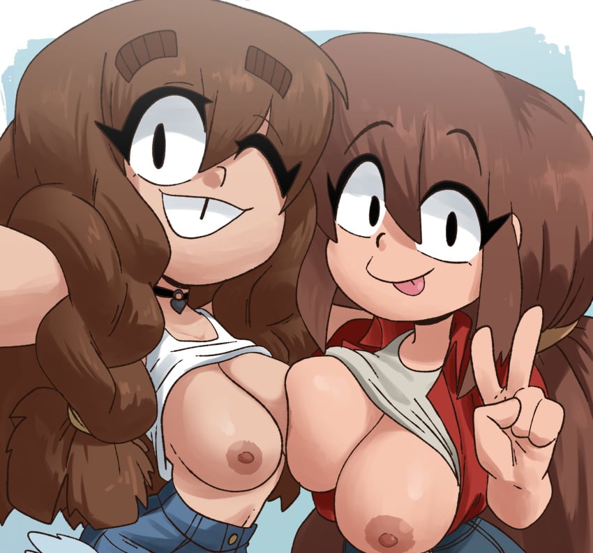 2girls areolae asymmetrical_docking big_breasts brown_hair clothed_female coolerinker dan_(inker_comics) happy inker_comics inkershike large_breasts mona_(inker_comics) multiple_girls necklace nipples original_character shirt_lift smile tongue_out yuri