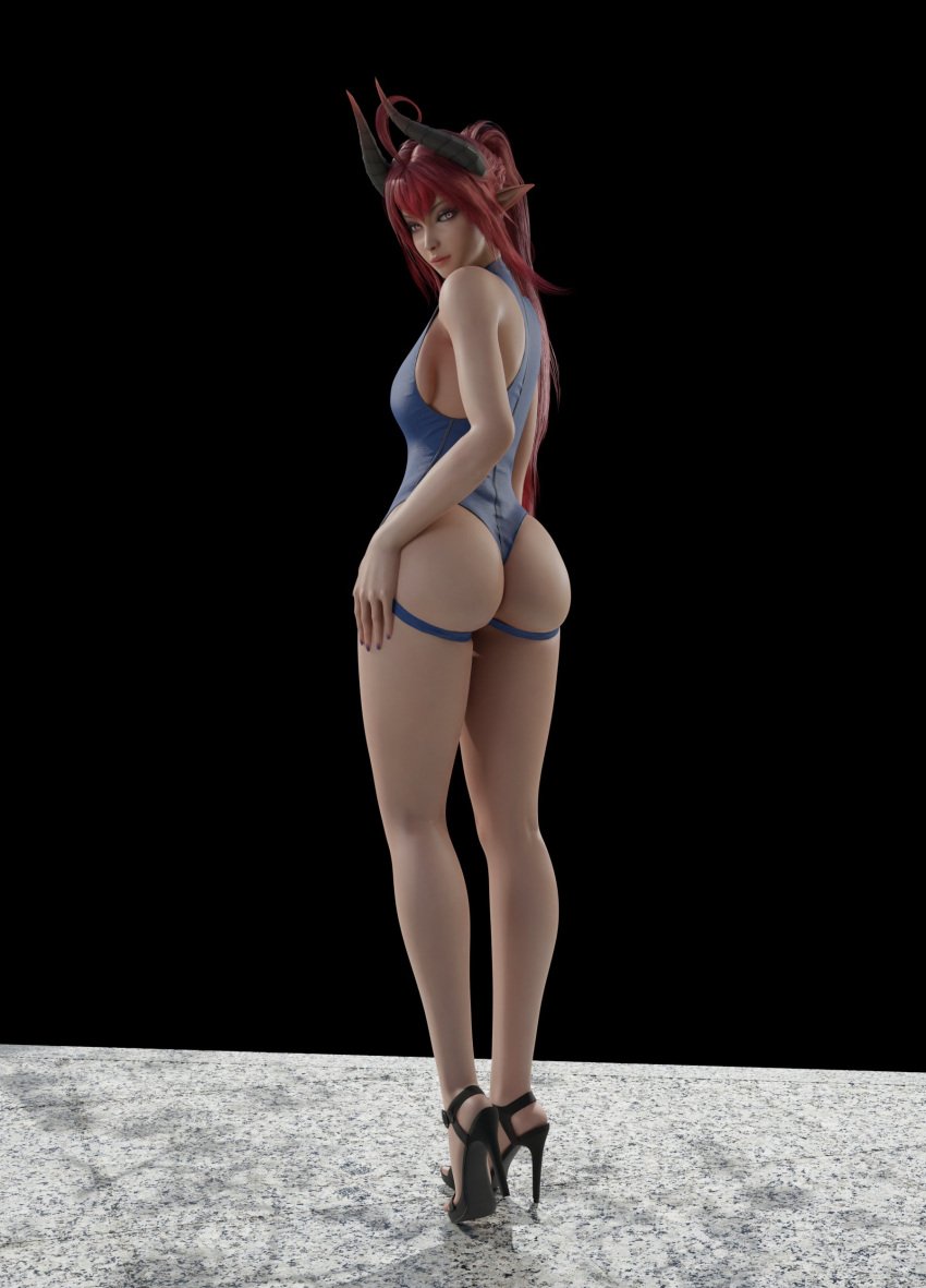 1girls 3d 3d_(artwork) ankle_strap ankle_strap_heels ass heels high_heels hiirusama horns light-skinned_female light_skin open_toe_shoes original_character red_hair sinia succubus succubus_horns thong