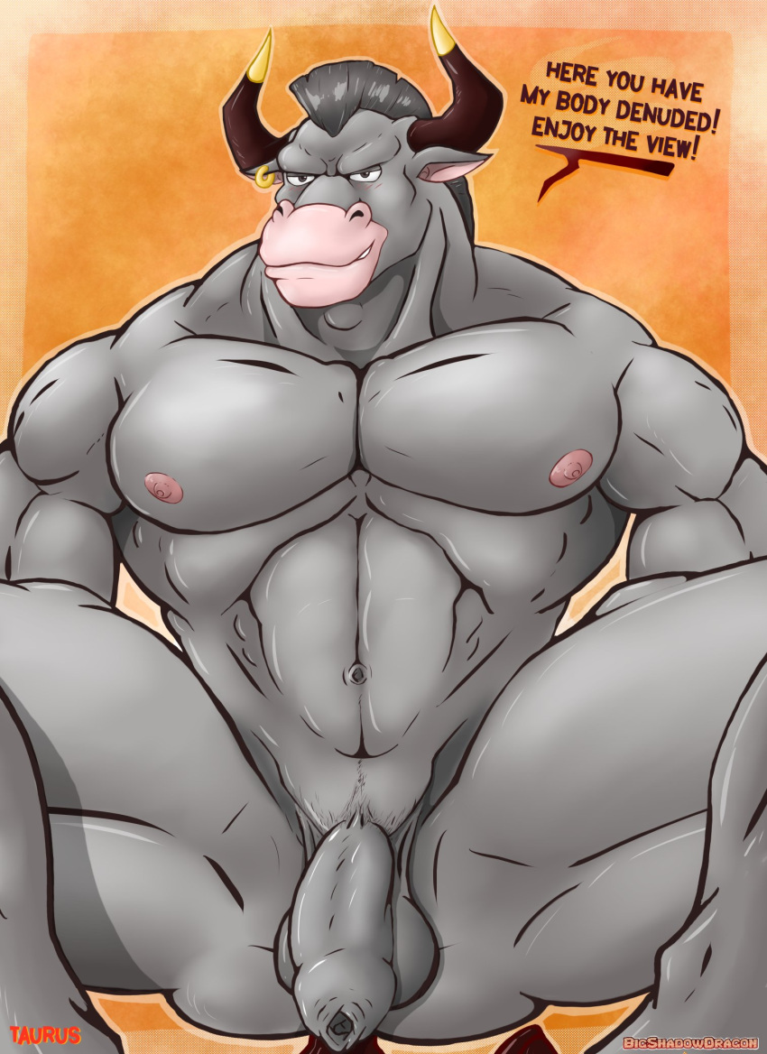 anthro balls biceps bigshadowdragon bovid bovine casual_nudity cattle disney european_mythology flaccid foreskin fur gargoyles genitals greek_mythology grey_body grey_fur hi_res horn humanoid_genitalia humanoid_hands humanoid_penis looking_at_viewer male male_only mammal manly minotaur mohawk muscular muscular_anthro muscular_male mythology navel nipples nude pecs penis smile solo solo_focus spread_legs spreading taurus_(gargoyles)