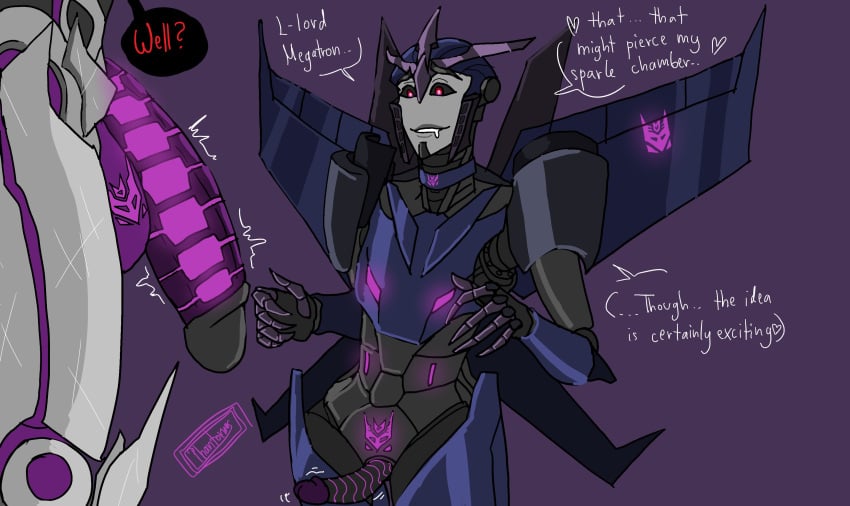 bedroom_eyes choker femboy horny huge_cock imminent_sex imminent_yaoi larger_male megatron original_character phantomas(artist) robot size_difference smaller_male transformers transformers_prime twitch_lines wide_hips wings yaoi