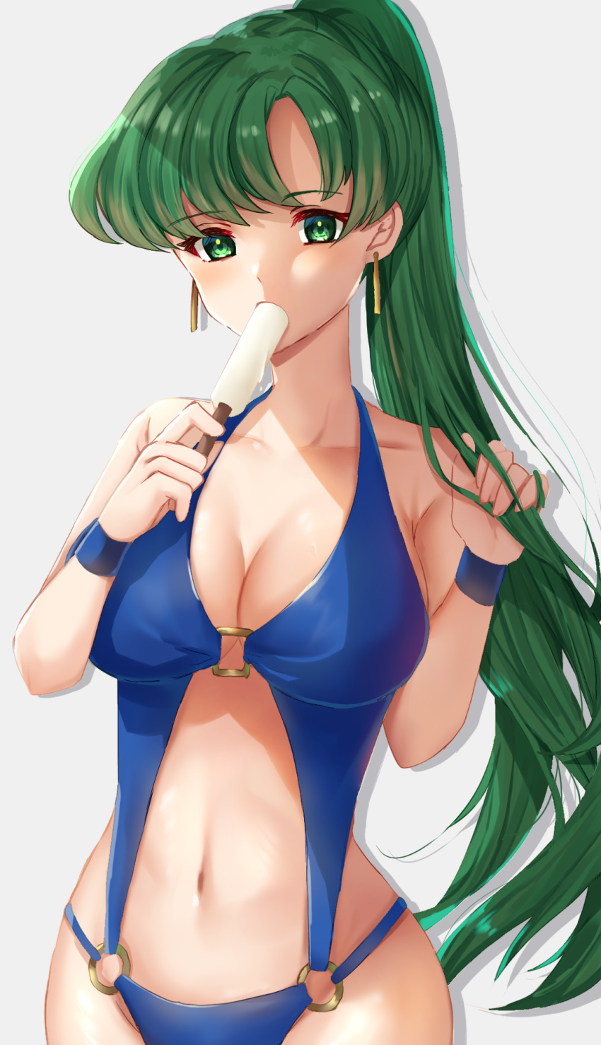 1girls alternate_costume blue_one-piece_swimsuit blue_swimsuit breasts cleavage commentary_request earrings edamameoka female female female_only fire_emblem fire_emblem:_the_blazing_blade food green_eyes green_hair grey_background highres holding holding_food jewelry large_breasts long_hair looking_at_viewer lyn_(fire_emblem) navel nintendo o-ring o-ring_swimsuit one-piece_swimsuit ponytail popsicle simple_background solo stomach swimsuit underboob upper_body very_long_hair