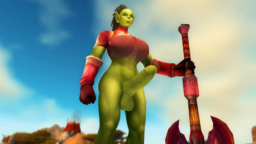 3d axe battle_axe big_cock big_dick bottomless erect_penis erection futanari holding_weapon kaelatheelf kaelscorner large_penis melee_weapon orc orc_(warcraft) orc_futanari outdoors outside solo solo_futa warcraft world_of_warcraft