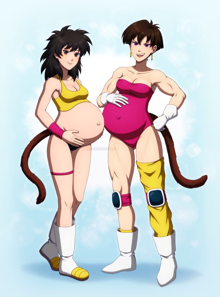 2girls adricarra belly big_belly black_hair brown_hair cleavage dragon_ball dragon_ball_z female gine misscherrylle multiple_girls multiple_pregnancies outie_navel pregnant saiyan seripa short_hair tomboy