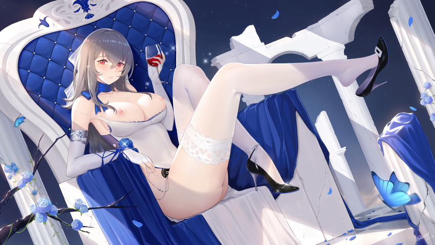 1girls alexiel_(pixiv6211566) azur_lane belly_button big_butt black_shoes blue_ribbon blue_rose blush breasts breasts_out bridal_gauntlets bridal_veil butterfly cross_hair_ornament feet grey_hair iris_libre_(azur_lane) large_breasts light-skinned_female light_skin looking_at_viewer mole mole_on_collarbone mole_under_eye nipples pillar pubic_tattoo red_eyes saint-louis_(azur_lane) saint-louis_(holy_knight's_resplendence)_(azur_lane) sitting thick_thighs thighhighs throne tree_branch white_gloves white_thighhighs wine wine_glass