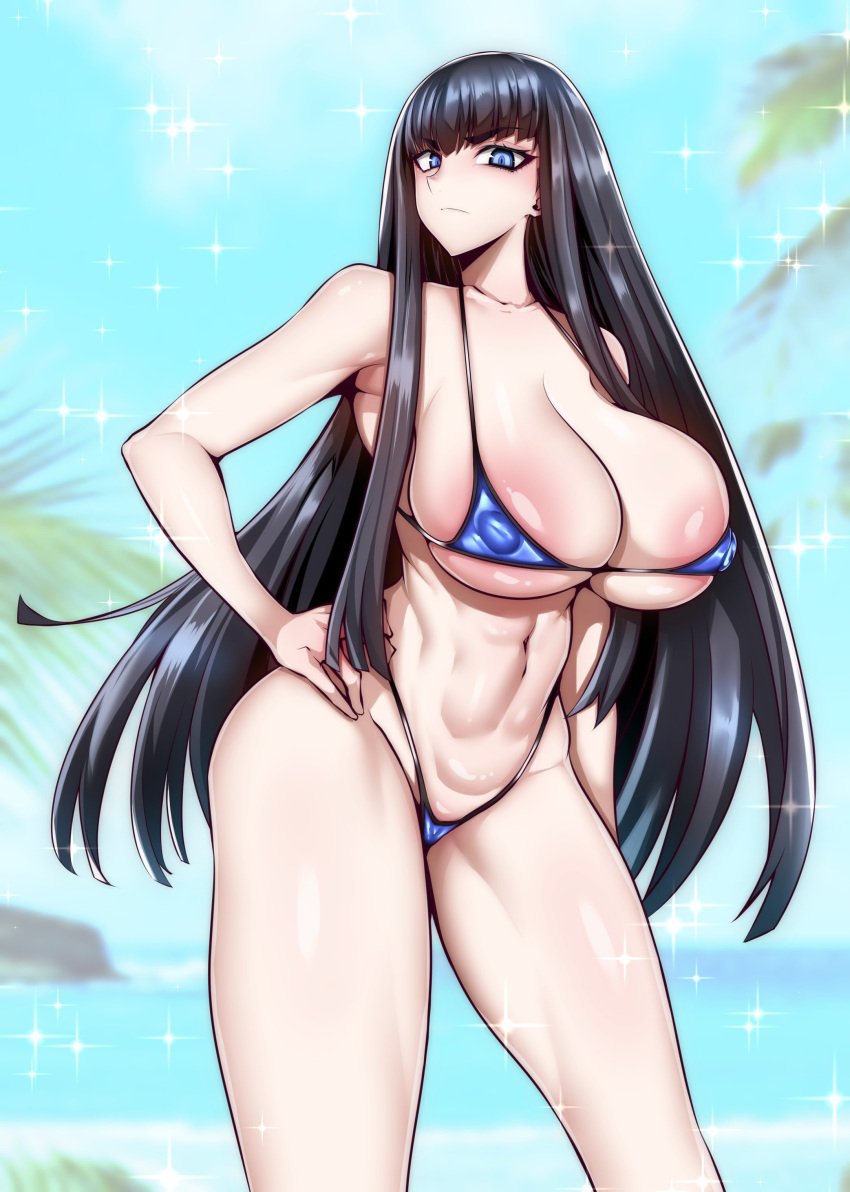 1girls 2023 big_breasts bikini bikini_bottom bikini_top black_hair blue_eyes bursting_breasts female female_focus female_only gggg hand_on_hip hi_res high_resolution highres huge_breasts kill_la_kill kiryuuin_satsuki large_breasts long_hair midriff nipple_bulge solo solo_female solo_focus very_long_hair