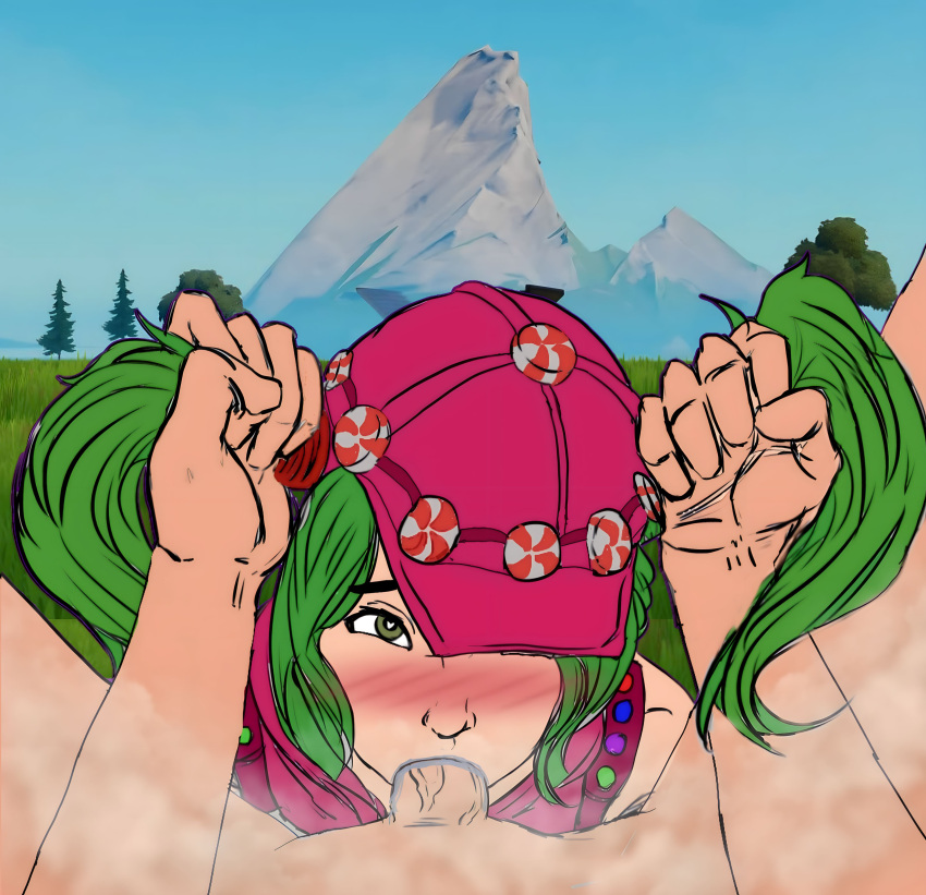 2d baseball_cap blush candy candy_girl deepthroat duo edit edited faceless_male female female_focus fortnite fortnitepepsi green_hair hair_grab hat_over_one_eye heart-shaped_pupils landscape_background long_hair male_pov one_eye_covered oral pov smelly straight twintails veiny_penis wrongnhoka zoey_(fortnite)