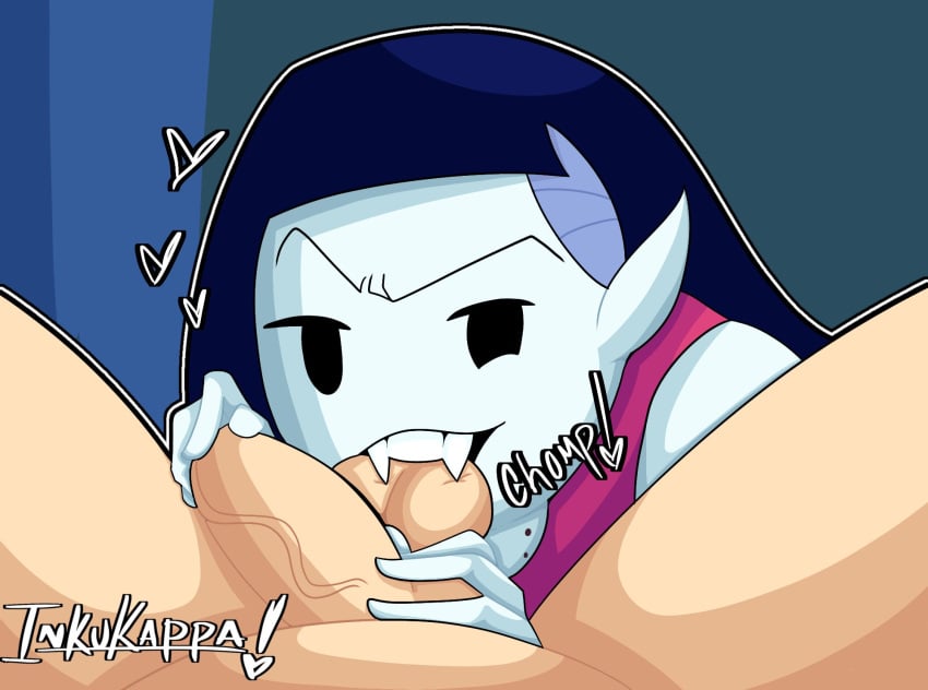 1boy 1girls adventure_time biting biting_balls clothed_female_nude_male dominant_female domination fangs fangs_out female femdom finn_the_human humanoid inkukappansfw marceline marceline_abadeer marceline_the_vampire_queen monster_girl nibbling_balls self_upload simple_background simple_eyes simple_shading vampire vampire_teeth