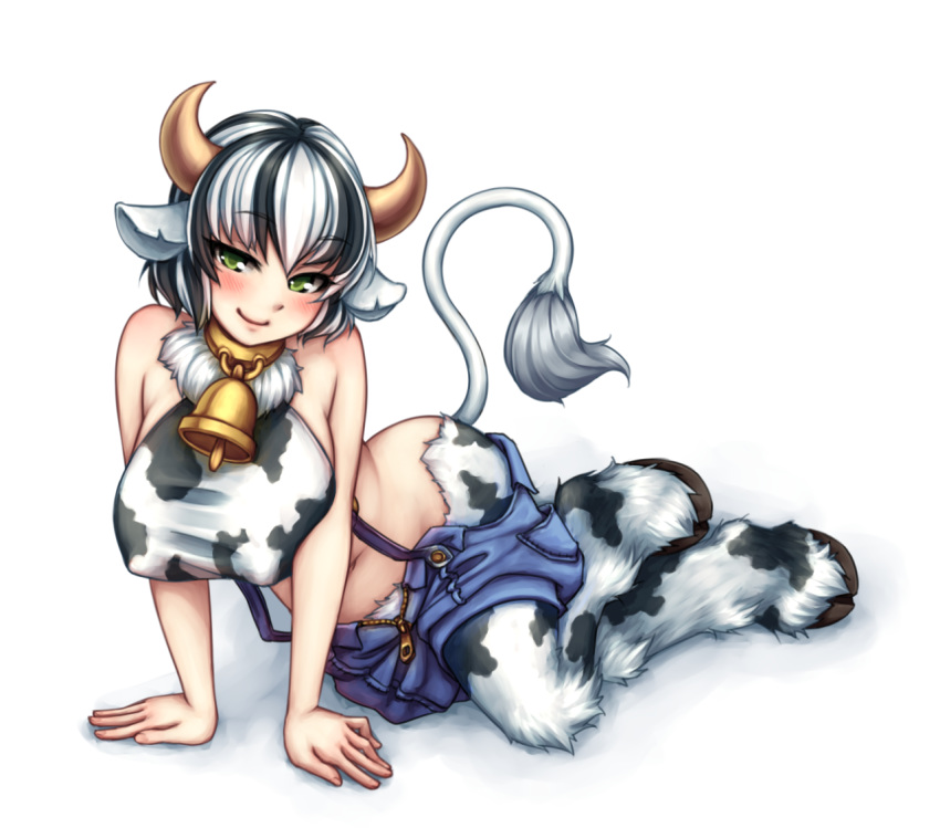 animal_legs bell big_breasts blush breasts clothed_female cloven_hooves cow_girl dairy female female_only holstaurus holstaurus_(monster_girl_encyclopedia) hooves horns looking_at_viewer monorus monster_girl monster_girl_encyclopedia solo tail