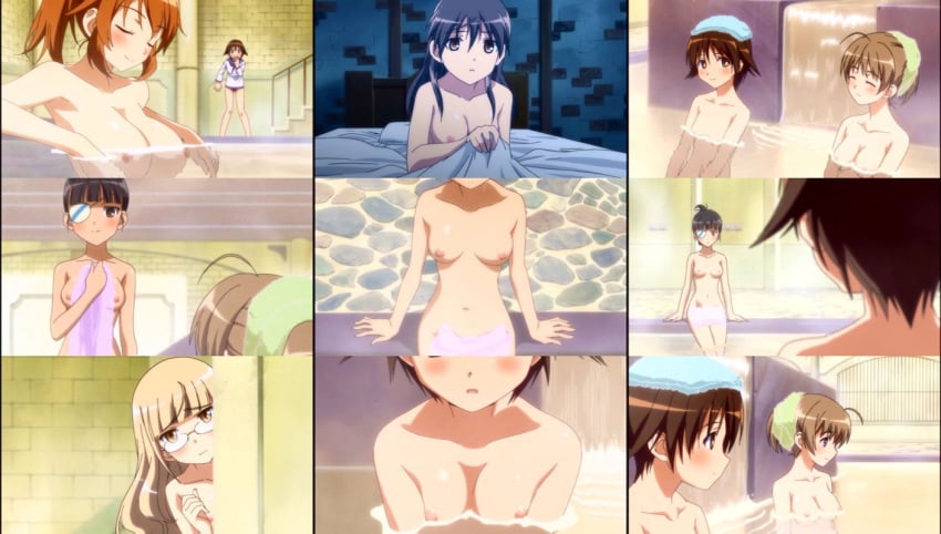 blush charlotte_e._yeager eye_patch gertrud_barkhorn glasses large_breasts lynette_bishop miyafuji_yoshika perrine_h._clostermann sakamoto_mio small_breasts strike_witches tagme towel water world_witches_series