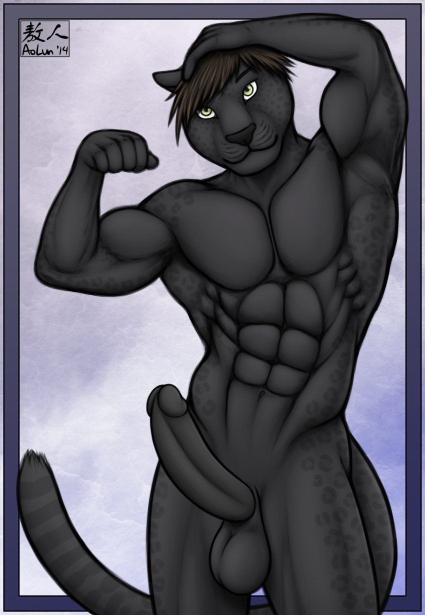 1boy 2014 abs anthro aolun balls biceps black_fur black_panther black_penis body_markings brown_hair erection feline flexing fur green_eyes hair humanoid_penis leopard looking_at_viewer male male_only mammal markings muscles nude panther pecs penis plain_background pose solo spots toned