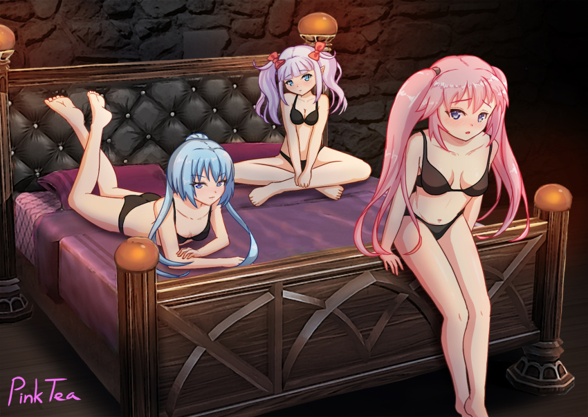 3girls ass bed bedroom black_bra black_lingerie black_panties blue_eyes blue_hair bra breasts crossed_legs elenore_(elven_conquest_2) game_cg hairbow justice_(elven_conquest) laying_on_stomach leaning lingerie looking_at_viewer medium_breasts midriff navel on_bed panties pillow pink_hair pinktea primrose_(elven_conquest) purple_eyes purple_hair realms_of_bondage slave_lord-realms_of_bondage stone_wall twintails wooden_floor