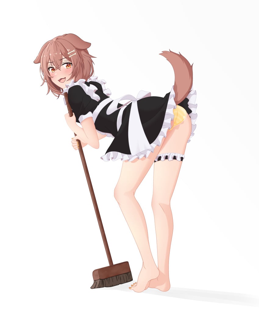 absurdres animal_ears apron ass barefoot bent_over blush bone_hair_ornament broom brown_eyes brown_hair brown_tail dog_ears dog_girl dog_tail feet female frills from_behind hair_ornament highres hololive hololive_gamers hololive_japan inugami_korone legs looking_at_viewer looking_back maid maid_apron mop panties pinup_(style) presenting puffy_sleeves smile solo standing tail tumy underwear virtual_youtuber