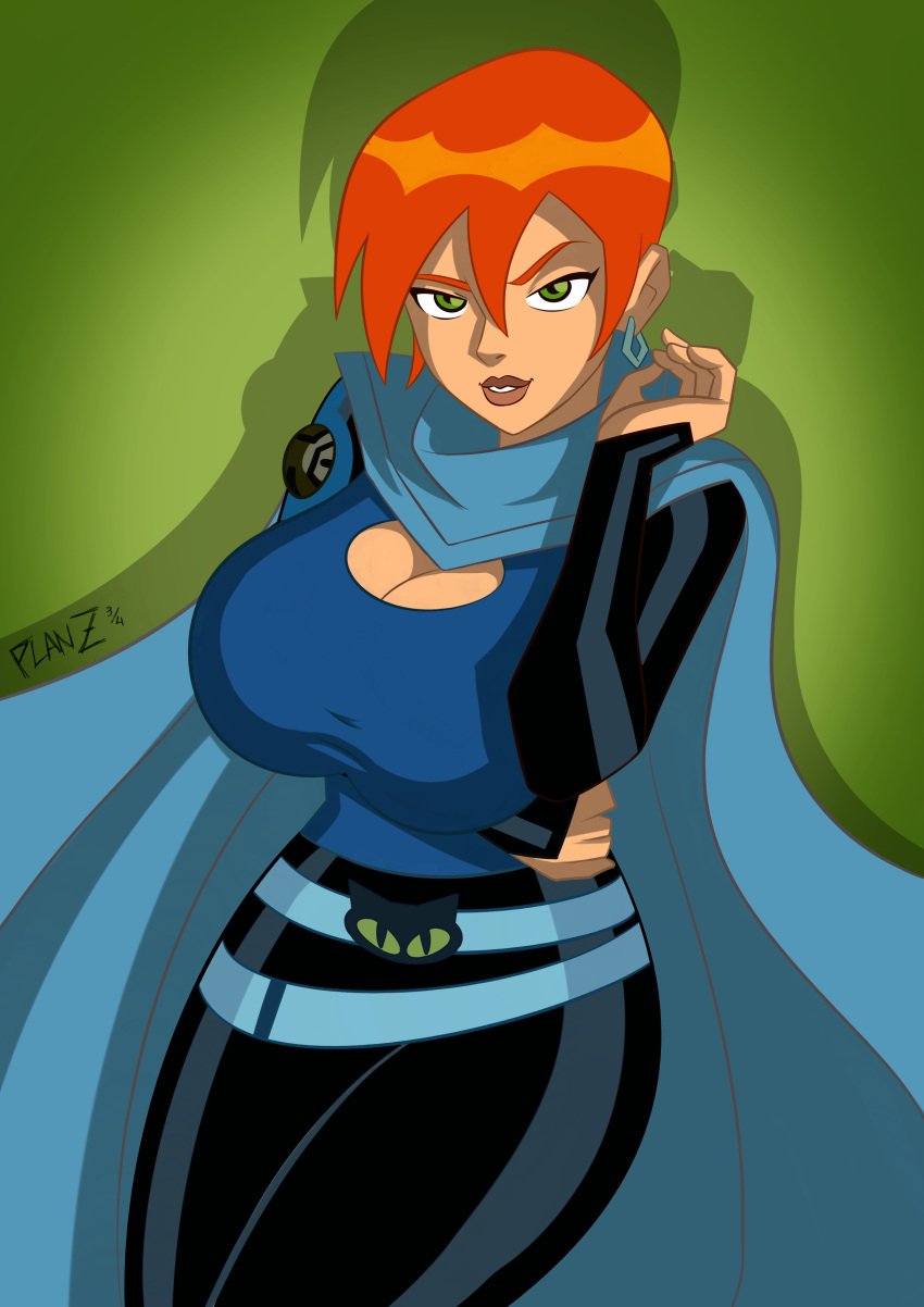 1girls artist_signature ben_10 ben_10_(classic) big_breasts breast_expansion breasts cartoon_network commission female female_focus female_only future_gwen green_eyes gwen_tennyson large_breasts mature_female orange_hair planz34 short_hair smooth_skin solo solo_female watermark