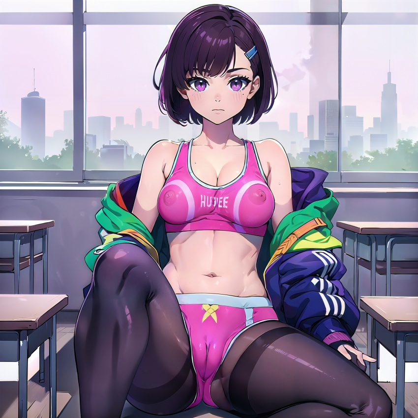 ai_generated leggings leggings_under_shorts mikazuki_shizuka nipples short_hair small_breasts tomboy violet_eyes violet_hair zom_100:_zombie_ni_naru_made_ni_shitai_100_no_koto