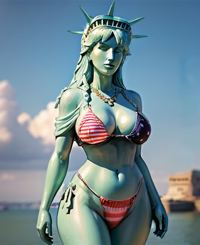 ai_generated alternate_costume alternate_hairstyle american_flag_bikini bikini giantess hourglass_figure lady_liberty long_hair looking_at_viewer navel perfect_body public_domain slim_waist statue statue_of_liberty thick_thighs united_states_of_america