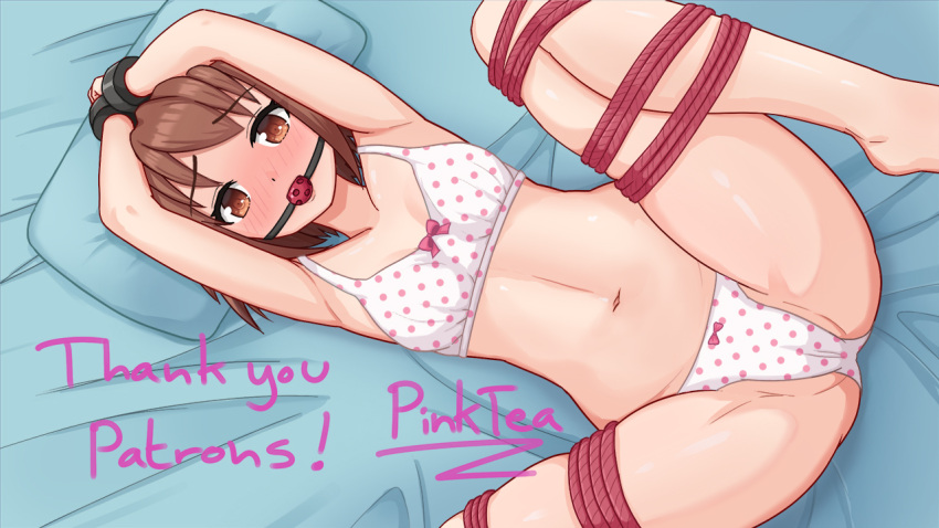 1girls arms_above_head ball_gag bed bedroom blue_pillow bondage bow_bra bow_panties bra breasts brown_eyes brown_hair clara_(together_again) gag gagged legs_tied looking_at_viewer medium_breasts midriff navel on_bed panties patreon_reward pillow pinktea polka_dot polka_dot_bra polka_dot_panties rope rope_bondage short_hair together_again white_bra white_panties wrist_cuffs