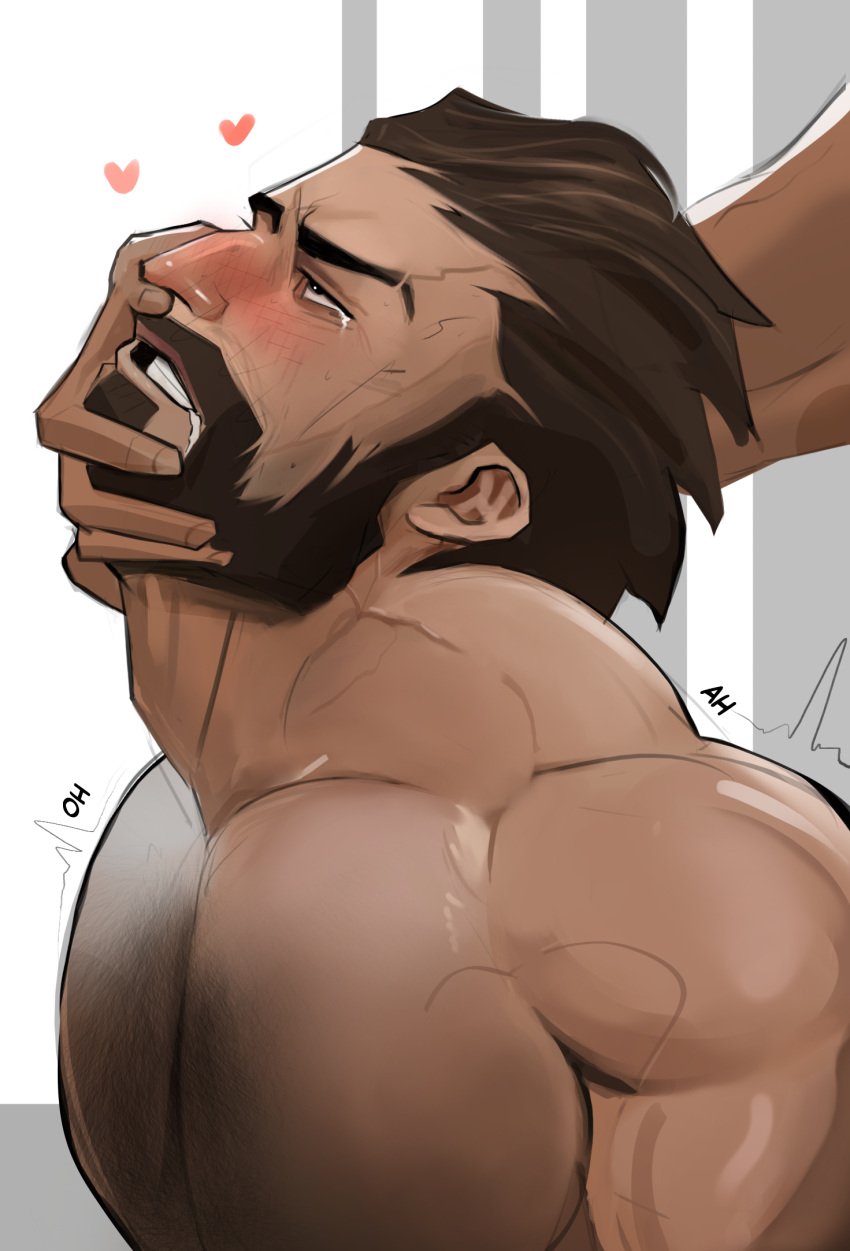 2boys alternate_facial_hair bara beard black_hair blush chest_hair drooling facial_hair from_side hair_slicked_back heart highres implied_anal implied_sex large_pectorals league_of_legends malcolm_graves male male_focus mature_male moustache multiple_boys muscular muscular_male nose_blush nude pectorals short_hair sociopotato1 solo_focus tearing_up thick_eyebrows torogao upper_body veins veiny_arms veiny_neck yaoi