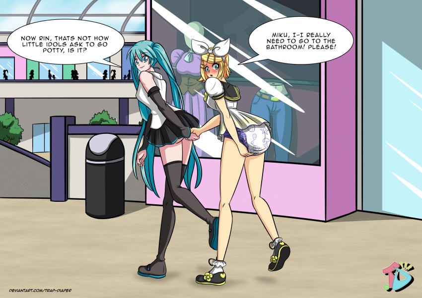 2girls ass background_characters black_skirt blonde_hair blue_eyes blue_hair breasts clothing_store detached_sleeves diaper diaper_under_clothing display_case dress english_text green_eyes hairbow hand_on_diaper hatsune_miku holding_hands jeans kagamine_rin mall mannequin medium_breasts purple_dress sailor_collar shirt shoes short_hair short_skirt skirt text text_bubble thighhighs trap-diaper trash_can twintails vocaloid white_shirt white_skirt