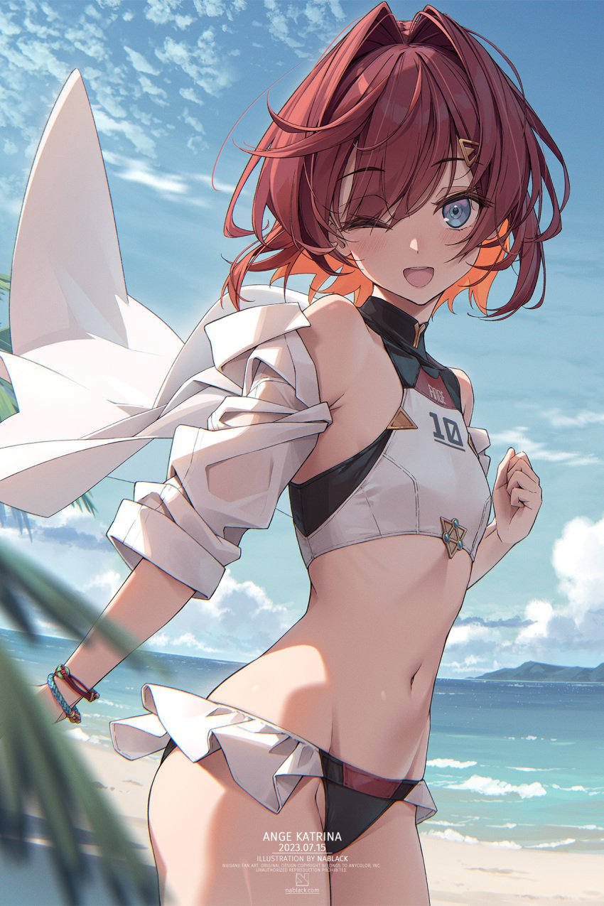 (nablack) ange_katrina bare_shoulders beach bikini bikini_skirt blue_eyes breasts crop_top female flat_chest hair_between_eyes hair_ornament hairclip highres jacket kuro-kun long_sleeves looking_at_viewer midriff navel nijisanji off_shoulder one_eye_closed open_mouth red_hair short_hair sky small_breasts solo sports_bikini swimsuit tankini virtual_youtuber