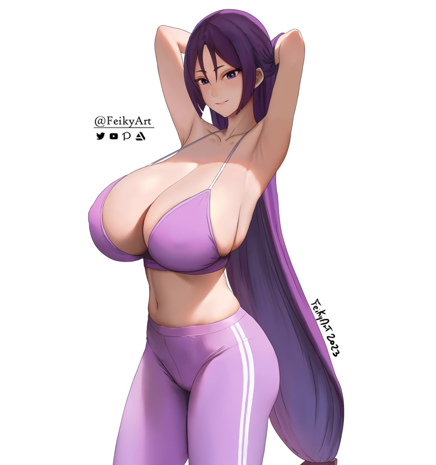 1girls armpits arms_up breasts cleavage fate/grand_order fate_(series) feikyart female huge_breasts light-skinned_female light_skin long_hair mature_female milf minamoto_no_raikou_(fate/grand_order) purple_eyes purple_hair sports_bra sportswear thick_thighs yoga_pants