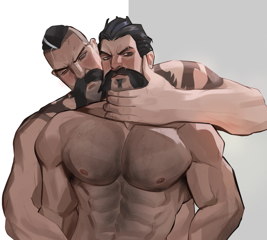 2boys abs alternate_hairstyle averting_eyes bara beard black_hair blush braum chest_hair completely_nude crime_city_braum debonair_series facial_hair frown gay graves_(league_of_legends) hair_slicked_back head_grab heads_together highres imminent_handjob large_hands large_pectorals league_of_legends long_mustache male male_focus male_only mature_male multiple_boys muscular muscular_male nipples nude pectorals short_hair sociopotato1 stomach thick_eyebrows thick_mustache two-tone_background upper_body yaoi