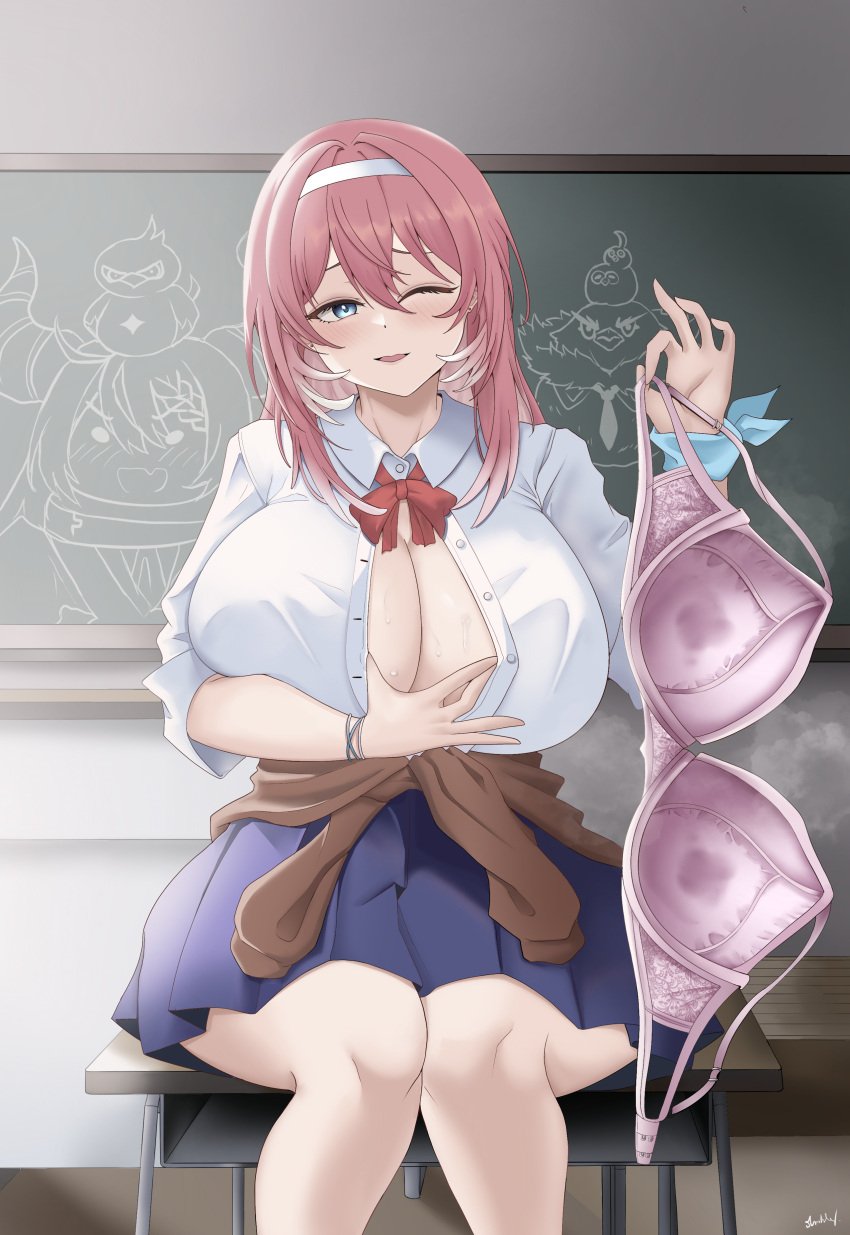 1girls blush bowtie bra bra_removed brown_jacket chalkboard classroom cleavage crow_(la+_darknesss) female female_only gyaru hand_on_breast heat_(temperature) hi_res holding_object hololive hololive_japan holox huge_breasts jacket jacket_around_waist la+_darknesss long_hair muscleboii one_eye_closed open_clothes open_mouth pink_bra pink_hair school_uniform sitting skirt smile solo solo_female stained_bra steam sweat sweat_stain sweatdrop sweaty_body sweaty_bra table takane_lui virtual_youtuber white_shirt