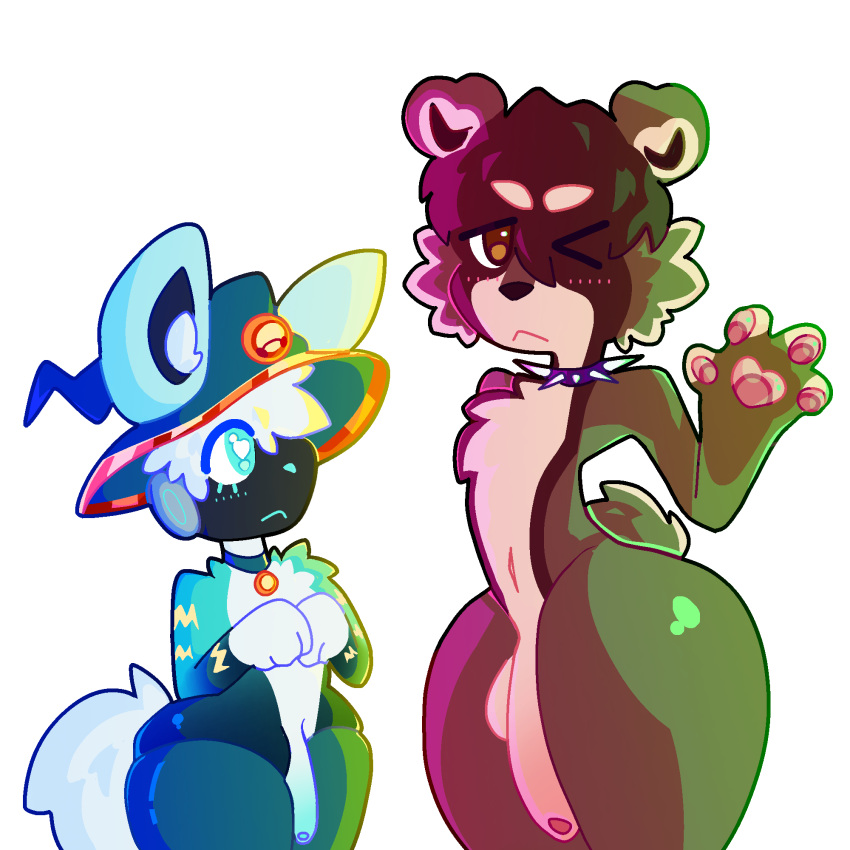 alexa_(alexaflub) alexaflub anthro boyfriends chibi collar duo foreskin genitals goati hi_res machine male male/male mammal paws penis procyonid protogen raccoon size_difference spiked_collar spikes