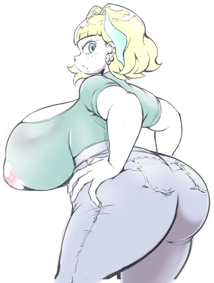 big_ass big_breasts big_butt blonde_hair clothed cocco ear_piercing earrings flat_colors green_eyes jackie_lynn_thomas jeans nipples_visible_through_clothing short_hair star_vs_the_forces_of_evil thick thick_hips thick_legs venus_body