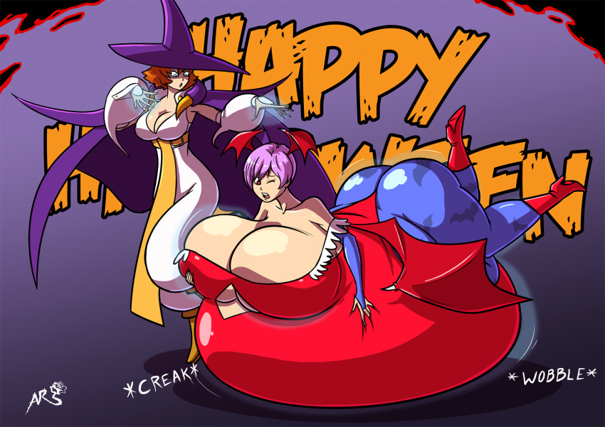 2014 2girls axel-rosered belly_bed belly_expansion belly_grab big_ass big_belly big_breasts big_butt blue_eyes breast_grab breasts_bigger_than_head bubble_butt capcom clothing crossover darkstalkers female female_only gigantic_breasts halloween hand_on_belly hand_on_breast huge_belly immobile inflation large_breasts lilith_aensland pink_hair red_earth red_eyes sound_effects succubus tessa tessa_(red_earth) thick_thighs witch_hat