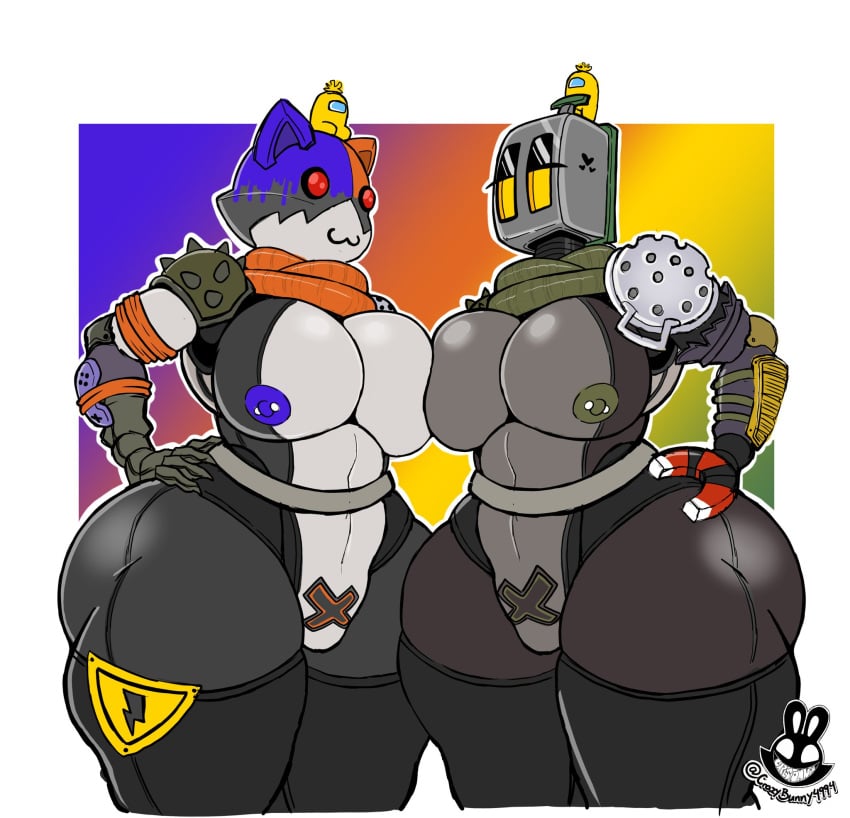 2boys alternate_version_available among_us among_us_yellow armor breasts breasts_to_breasts cat_ears cat_face christomwow crazybunny4994 fortnite hand_on_hip kitbash_(fortnite) male_only no_genitals tagme thick thick_ass thick_thighs yaoi