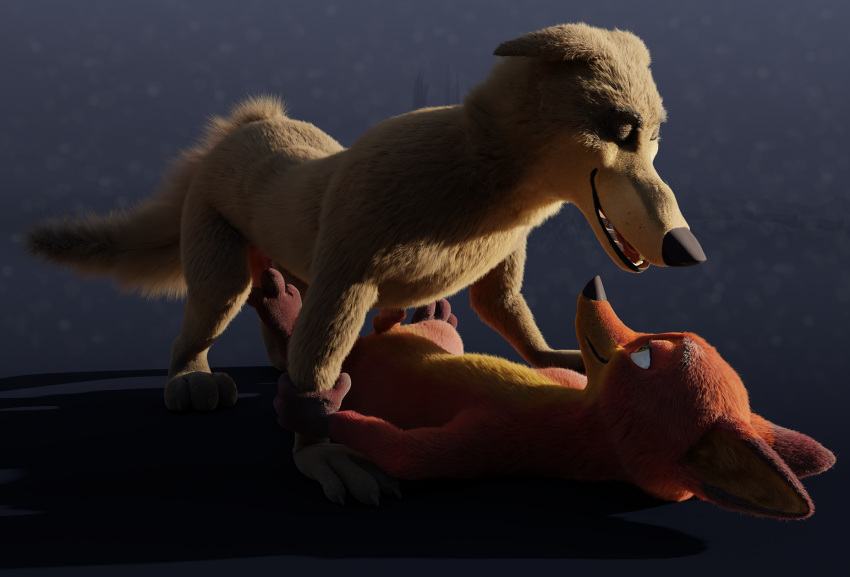 3d_(artwork) all_fours animal_genitalia animal_penis anthro black_nose blender_(software) blue_background brown_body brown_fur canid canine canine_genitalia canine_penis canis claws closed_eyes digital_media_(artwork) disney duo ears_down erection fangs fluffy fluffy_tail foot_fetish foot_play footjob fox fur genitals gloves_(marking) half-closed_eyes knot lying male male/male mammal markings narrowed_eyes nick_wilde nude on_back orange_body orange_fur penis pink_penis pivoted_ears rockyrcoon sex simple_background slightly_open_mouth smile tail teeth wolf yellow_underbelly zootopia