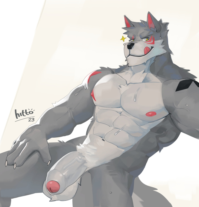 anthro balls biceps bodily_fluids canid canine canis casual_nudity flaccid foreskin fur genitals grey_body grey_fur hi_res hittoga humanoid_genitalia humanoid_hands humanoid_penis male male_only mammal manly muscular muscular_anthro muscular_male navel nipples nude pecs penis simple_background solo solo_focus sweat wolf