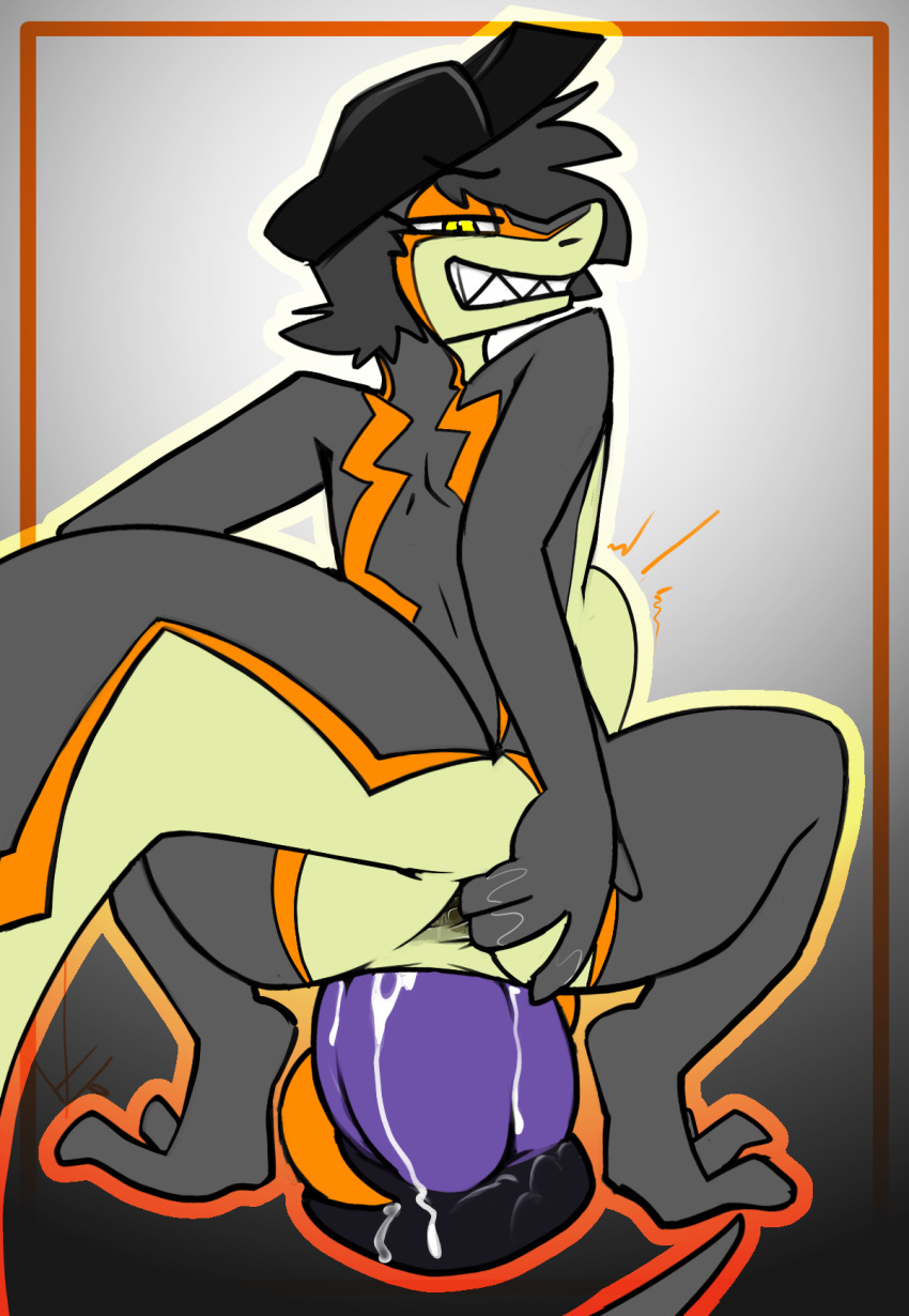 anthro anus ass bad_dragon big_dildo bodily_fluids bulge butt_grab clothing cuntboy cuntboy_sans_balls dildo dildo_in_pussy dildo_insertion dildo_sitting gaping gaping_anus gecko genital_fluids genitals hand_on_butt hat hat_only headgear headgear_only headwear headwear_only herm hermaphrodite hi_res huge_dildo hyper_dildo intersex jack_(topazknight) lizard male maleherm markings mostly_nude multi_genitalia nox_(bad_dragon) penetration penis precum prehensile_penis pussy reptile scalie sex_toy sex_toy_in_pussy sex_toy_insertion sharp_teeth solo spread_butt spreading stomach_bulge striped_markings stripes teeth topazknight vaginal_penetration