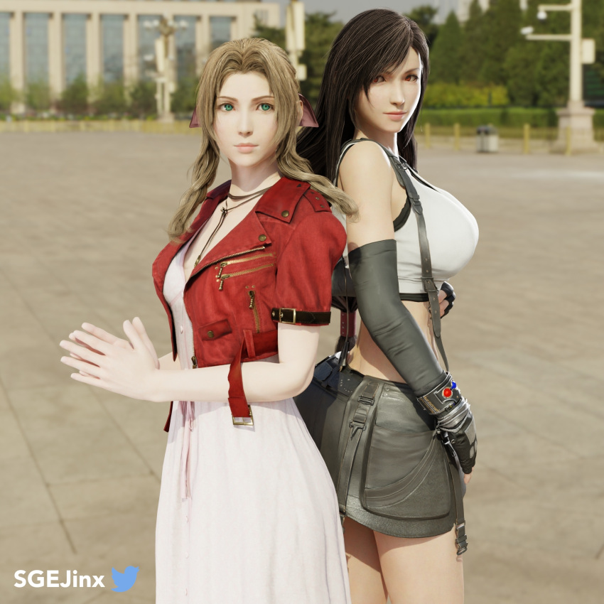 1:1_aspect_ratio 2girls 3d 3d_render aerith_gainsborough black_hair black_shirt black_skirt blender_(software) blender_cycles bow bracelet breasts brown_eyes dress female females final_fantasy final_fantasy_vii final_fantasy_vii_remake fully_clothed gloves green_eyes hair_ornament hairbow hands_together high_resolution jacket jewelry large_breasts light-skinned light-skinned_female light_smile long_hair long_skirt long_sleeves looking looking_at_another looking_at_viewer looking_back medium_breasts multiple_girls necklace open_clothes open_jacket pose red_jacket sgejinx_(artist) shirt sideboob skirt smile strap suspenders tifa_lockhart white_dress white_shirt