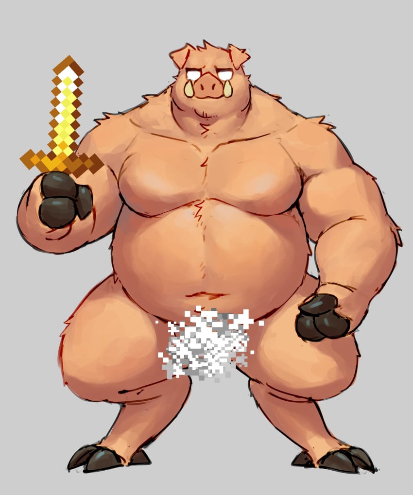 2023 anthro biped convenient_censorship digital_drawing_(artwork) digital_media_(artwork) fur hi_res holding_object holding_sword holding_weapon male male_only mammal melee_weapon microsoft minecraft mojang musclegut navel nude papyuuno piglin simple_background solo standing suid suina sus_(pig) sword tusks weapon wild_boar xbox_game_studios