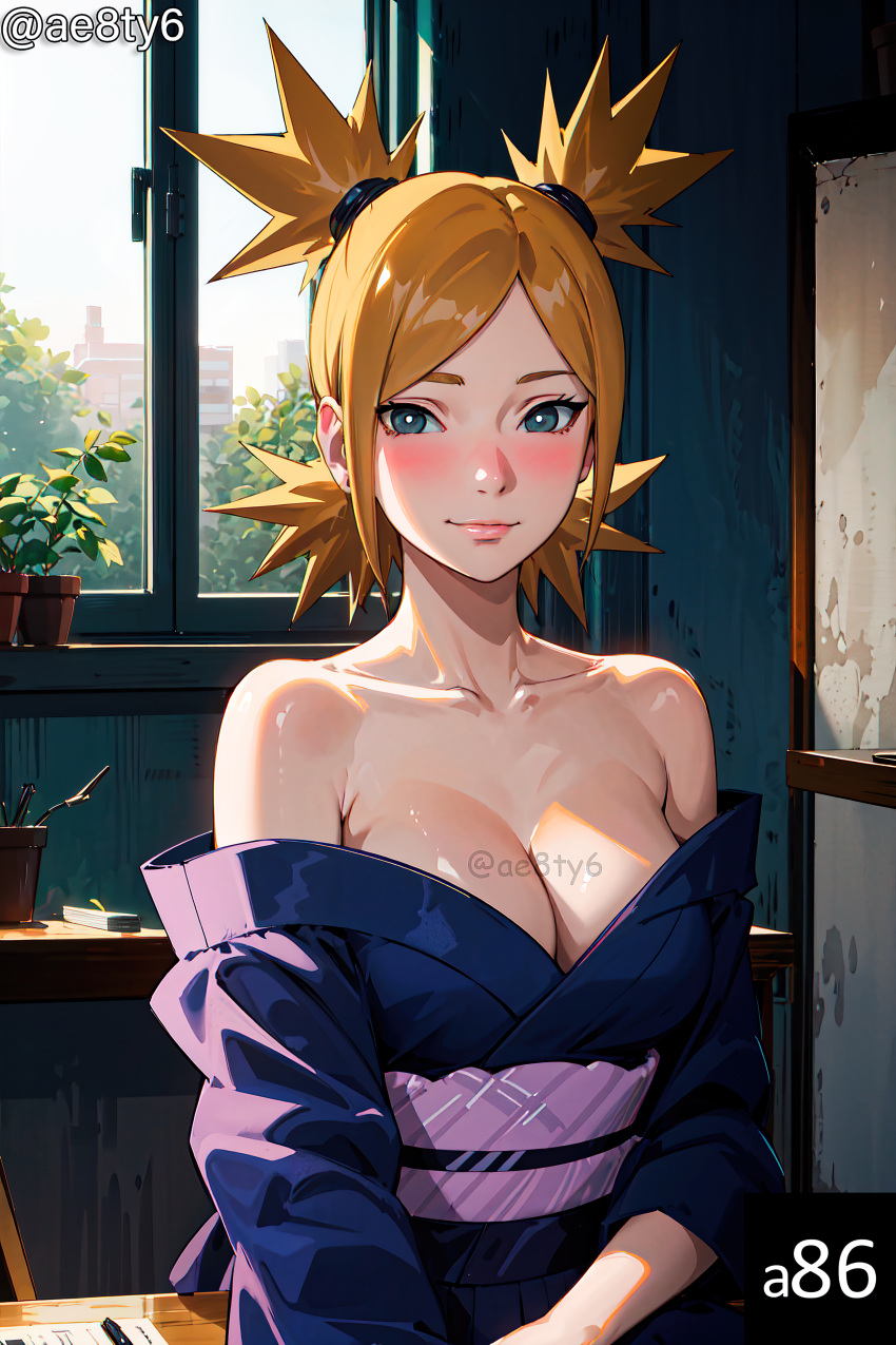 1girls ae8ty6 ai_generated bare_chest bare_shoulders big_breasts blush blushing_at_viewer boruto:_naruto_next_generations busty cleavage female female_only huge_breasts kimono kimono_down light-skinned_female light_skin long_hair mature mature_female milf nai_diffusion naruto naruto_(series) no_bra no_underwear oppai presenting presenting_breasts shiny shiny_hair shiny_skin smile smiling smiling_at_viewer solo stable_diffusion teasing teasing_viewer temari upper_body voluptuous yellow_hair yukata