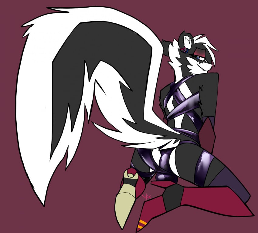 anthro ass boots clothing ear_piercing eyeshadow footwear hi_res high_heels jeremy_(topazknight) latex latex_clothing latex_panties legwear looking_back makeup male mammal mephitid piercing presenting presenting_hindquarters skunk snaggle_tooth solo thigh_boots thigh_highs topazknight