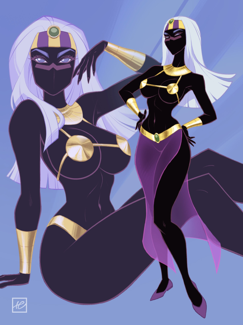 1girls 2023 alien alien_girl background big_breasts black_skin breasts digital_drawing_(artwork) duck_dodgers fanart female full_body highres holivi partially_clothed purple_eyes queen_tyr'ahnee revealing_clothes solo solo_female white_hair wide_hips