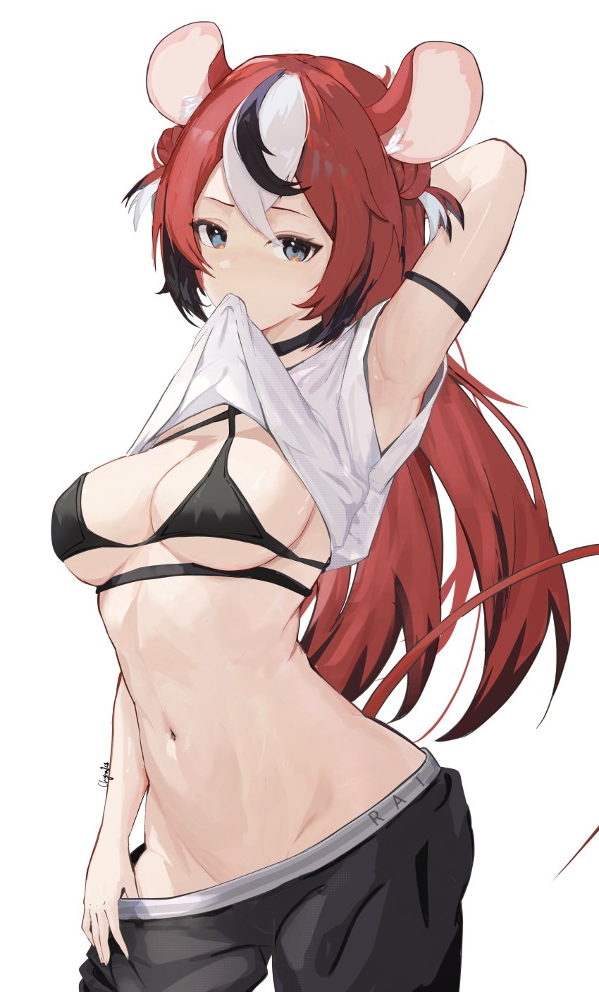 1girls absurdres animal_ear_fluff animal_ears arm_behind_head arm_strap arm_up armpits black_bra black_pants blue_eyes bra breasts chyraliss clothes_in_mouth clothes_pull hakos_baelz highres hololive hololive_english hololive_english_-council- hololive_english_-promise- long_hair medium_breasts mouse_ears mouse_girl mouth_hold multicolored_hair navel pants pants_pull pulled_by_self shirt shirt_in_mouth signature solo stomach streaked_hair underboob underwear virtual_youtuber white_background white_shirt