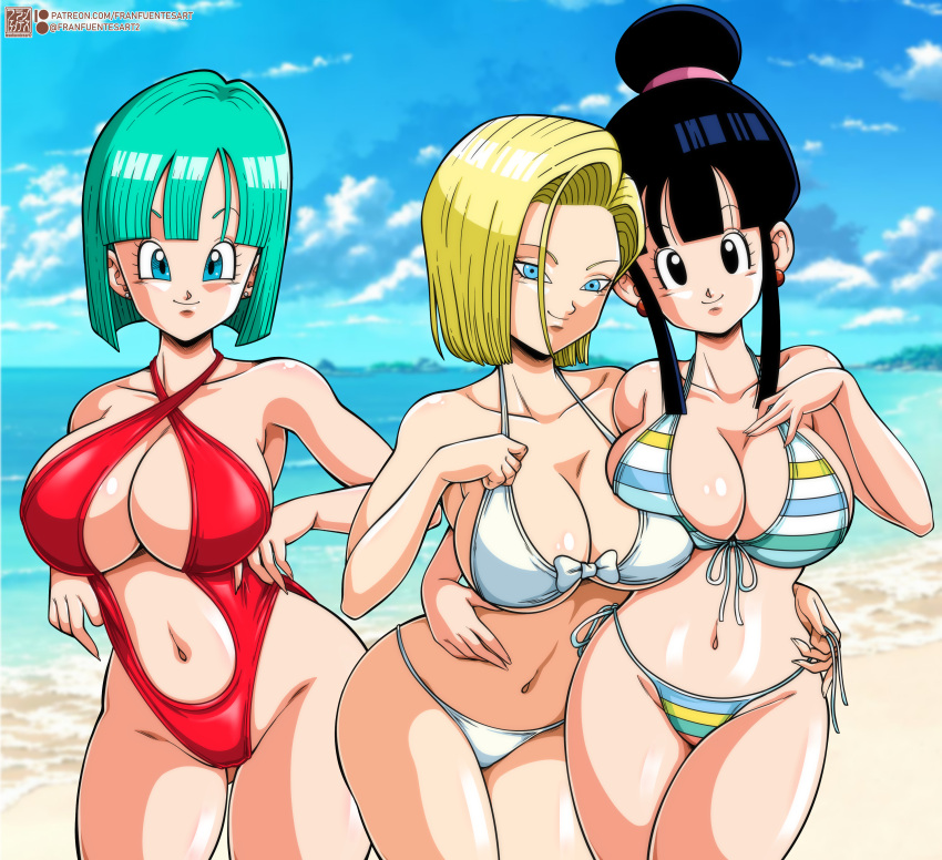 3girls absurdres adjusting_clothes adjusting_swimsuit android_18 bikini black_eyes black_hair blonde_hair blue_eyes bob_cut breast_press breasts bulma bulma_(dragon_ball) bulma_briefs bulma_briefs_(androids'_saga) chichi cleavage cloud cowboy_shot day dragon_ball dragon_ball_z earrings female_focus franfuentesart2 green_hair groin hair_bun hand_on_own_chest highres jewelry large_breasts legs looking_at_viewer milf multiple_girls navel ocean outdoors short_hair sidelocks sky smile standing string_bikini swimsuit thighs water