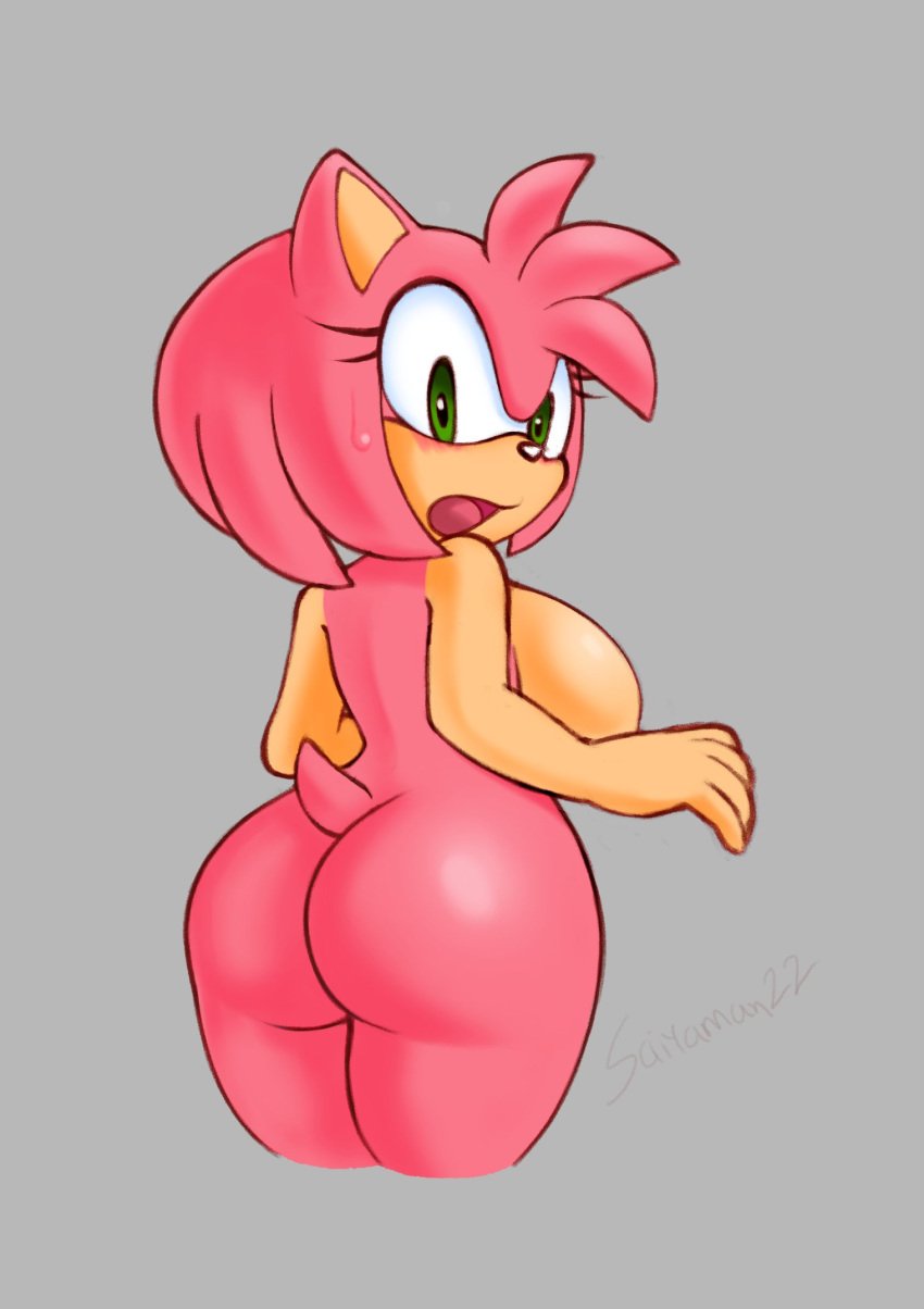 1girls amy_rose ass blush breasts female furry holding_breast large_breasts looking_back nude nude_female saiyaman22 sonic_(series)