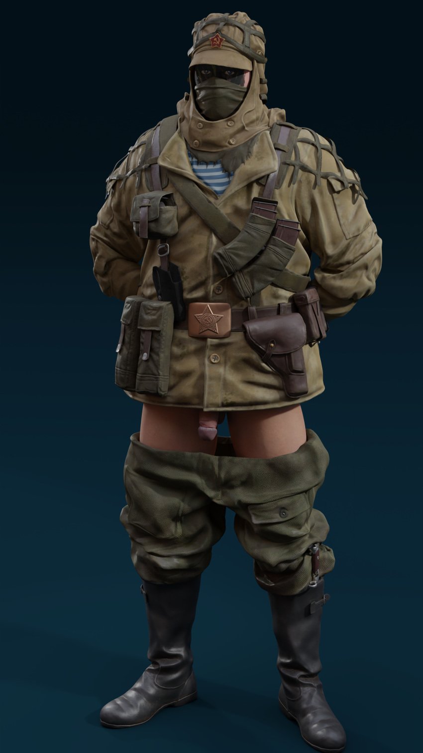 3d blue_background boots circumcised ckang2021 elite_skin expressionless face_mask flaccid gradient_background hammer_and_sickle hands_behind_back kapkan_(rainbow_six) male male_only pants_down penis_out rainbow_six rainbow_six_siege solo standing uniform